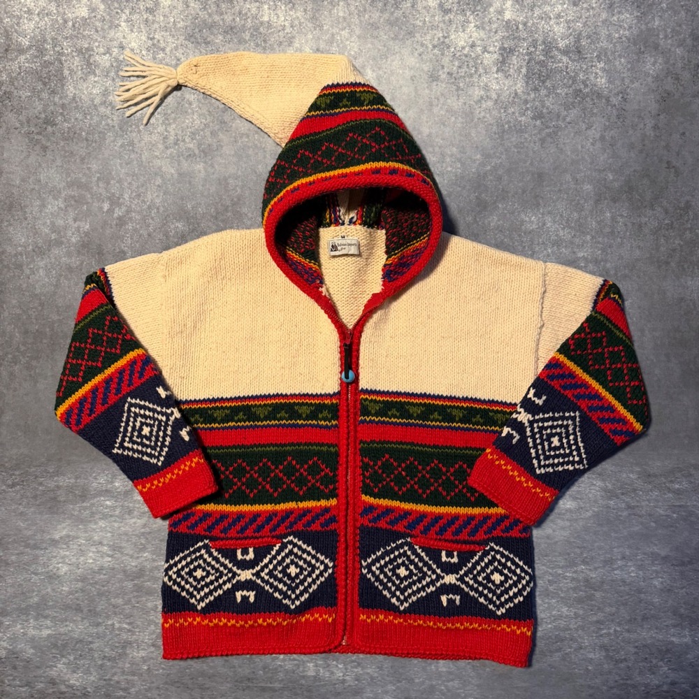 VTG Bolivian Imports Lucy Hand Knit Wool Cardigan Sweater Pointed Tassel Hood M